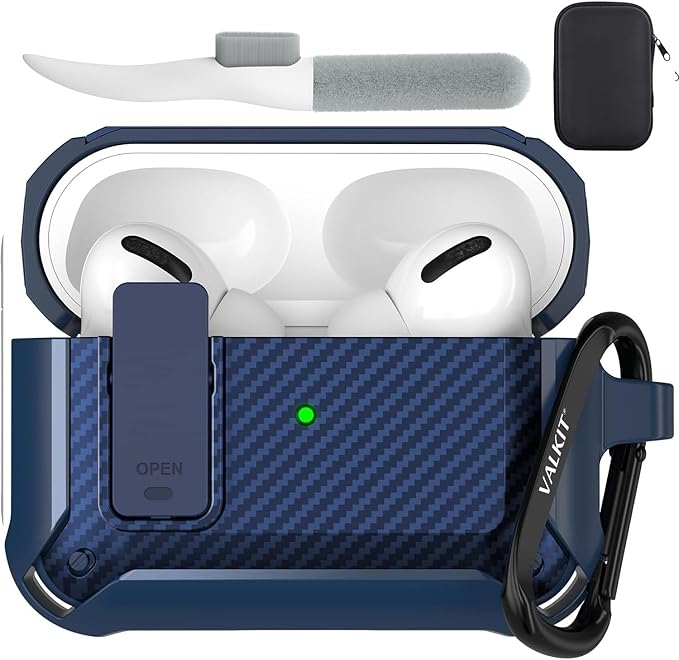 Valkit Compatible Airpods Pro Case with Lock Clip, Carbon Fiber Texture Air Pod Pro Case Cover with Keychain for Men Women Cool AirPod Pro Shockproof Protective Case for AirPods Pro 2019, Blue