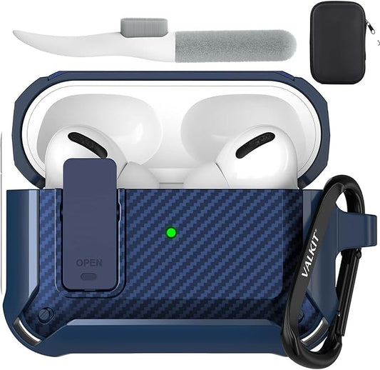 Valkit Compatible Airpods Pro Case with Lock Clip, Carbon Fiber Texture Air Pod Pro Case Cover with Keychain for Men Women Cool AirPod Pro Shockproof Protective Case for AirPods Pro 2019, Blue