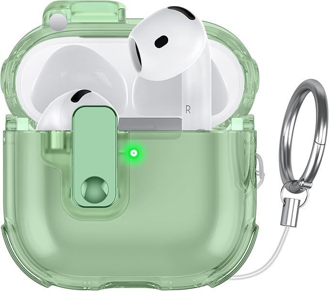 Clear Case for AirPods 4 Case Cover with [Lock Safety & Pop Up][Military Shockproof] Anti-Yellow Transparent Soft TPU Wireless Charging for AirPods 4th Generation Case with Keychain,Clear Green