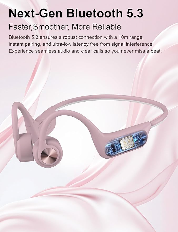 Bone Conduction Headphones, Open Ear Headphones with MP3 Mode 32GB, 10Hrs Playtime IP68 Waterproof Swimming Headphones Secure Fit for Running, Cycling, Work, Gift（Pink）