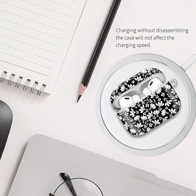 Compatible with Airpod pro 2nd/1st Generation Case Cover with Gold Round Keychain Cute Pattern Hard & Anti Slip Cover for Men Women & Girls（White Flower）