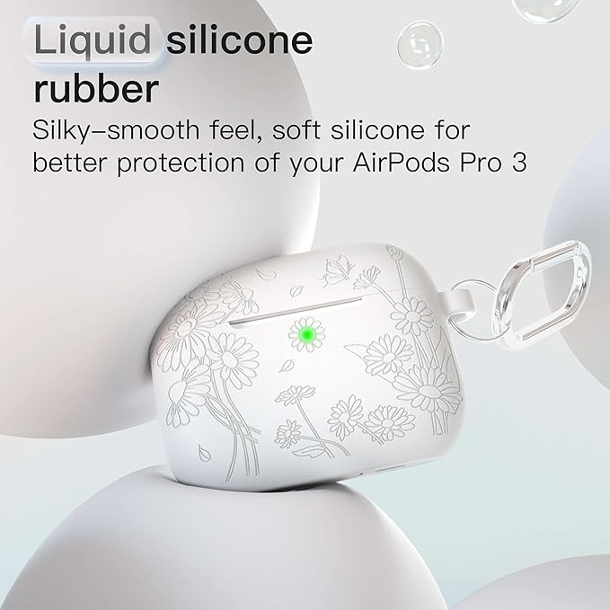 for AirPods Pro 3 Case (2025) DamonLight Daisy Floral Engraved Shockproof Protective Soft Silicone Case Cover with Cleaning Pen and Keychain for Apple Airpods Pro 3rd Generation(White)