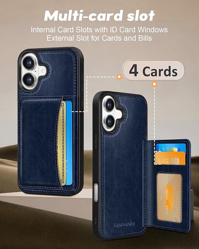 for iPhone 16 Plus Case with Wallet - Fits 4 Card Slots, Compatible with MagSafe for Women Men Aesthetic Durable PU Leather Credit Card Holder Kickstand Phone Cover for Apple 16 Plus, Blue