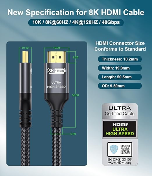 Certified 10K 8K HDMI 2.1 Cable 1.5 FT, 48Gbps Ultra High Speed HDMI® Cord Ethernet CEC 4K 240Hz 165Hz 144Hz 120Hz 8K 60Hz eARC Netflix HDCP2.3 HDR10+ PC Laptop RTX5090 TV Monitor Projector X-box PS5