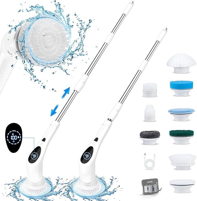 Electric Spin Scrubber, Cordless 3 Speeds Cleaning Brush 430 RPM, Adjustable/Detachable Long Handle, Shower Scrubber for Bathroom, Car, Floor, Shower Cleaning Brush with 9 Replaceable Brushes (White)