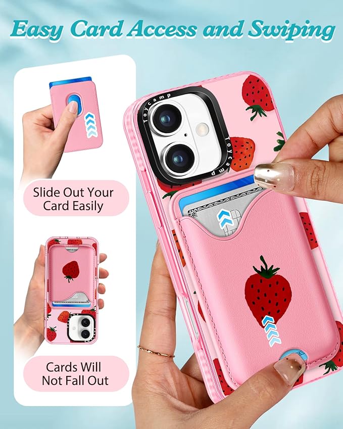 Toycamp for iPhone 16 Plus Case - Compatible with Magsafe Credit Card Holder Wallet Magnetic Cute Women Teen Girls Kawaii Girly Unique Strawberry Design Phone Cover for Apple 16 Plus 6.7"