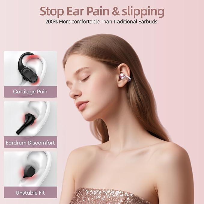 Open Ear Earbuds,Clip On Earbuds Wireless Bluetooth 6.0 with LCD Touchscreen, Lightweight Comfort Bone Conduction Headphones for Sports, Fitness, and Workouts, Rose Gold