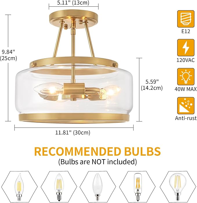 11.81" Brushed Gold Semi Flush Mount Ceiling Light, Modern Glass Drum Light Fixtures, 3-Light Golden Ceiling Lights for Hallway Entryway Bedroom Laundry Room Kitchen Dining Room Lighting, UL-Listed