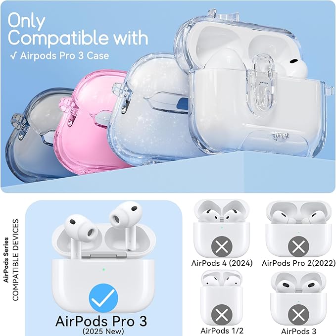 Clear Case for AirPods Pro 3 Case Cover with Safety Lock,Soft TPU Cover with Phone Stand & Cleaning Kit,Cute Bling Keychain for Women Girls-Clear White