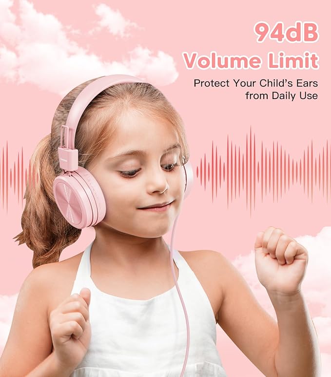 Kids Headphones, Toddler Headphones with Safe Volume Limiter 94dB, Wired School Headphones for Kid, 3.5mm Adjustable On-Ear Headphone for Boys/Girls/Children/Teens/iPad/Computer, Light Pink