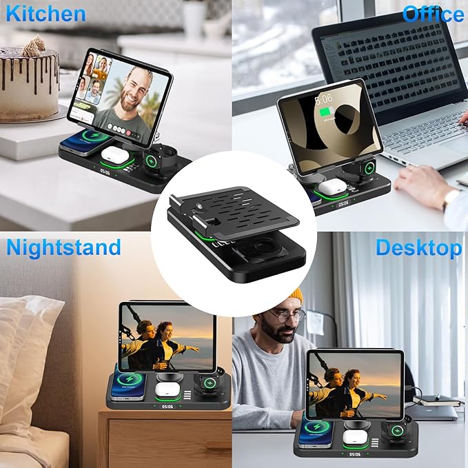 6 in 1 Wireless Charger for Apple Device, 30W Foldable Wired Charging for ipad with Clock & 7 Color Ambient Light, Nightstand Charger Station for iPhone 17/16/15/iWatch Series/AirPods 4/Pro 3(Black)