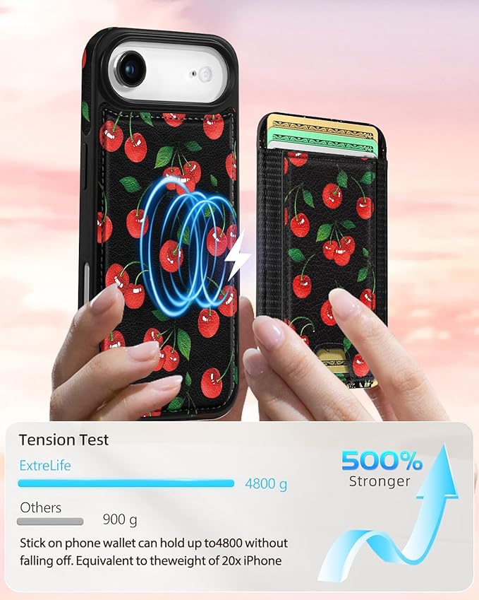Shorogyt for iPhone Air Wallet Case - Fits 5 Cards, Compatible with Magsafe Detachable Magnetic Credit Card Holder Leather Cardholder Cute Phone Cover Women Girls for Apple 17 Air, Cherry