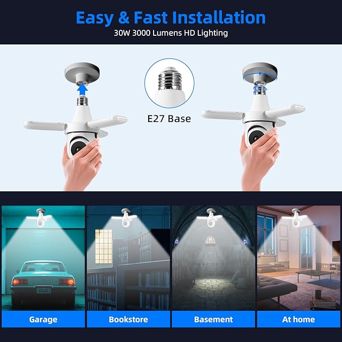 TOWODE Light Bulb Security Camer,LED Light Bulb Camera 3MP HD Smart Garage Security Camera with AI Human Detection,Two-Way Audio,Color Night Vision,Compatible with Alexa（with 64G TFcard）