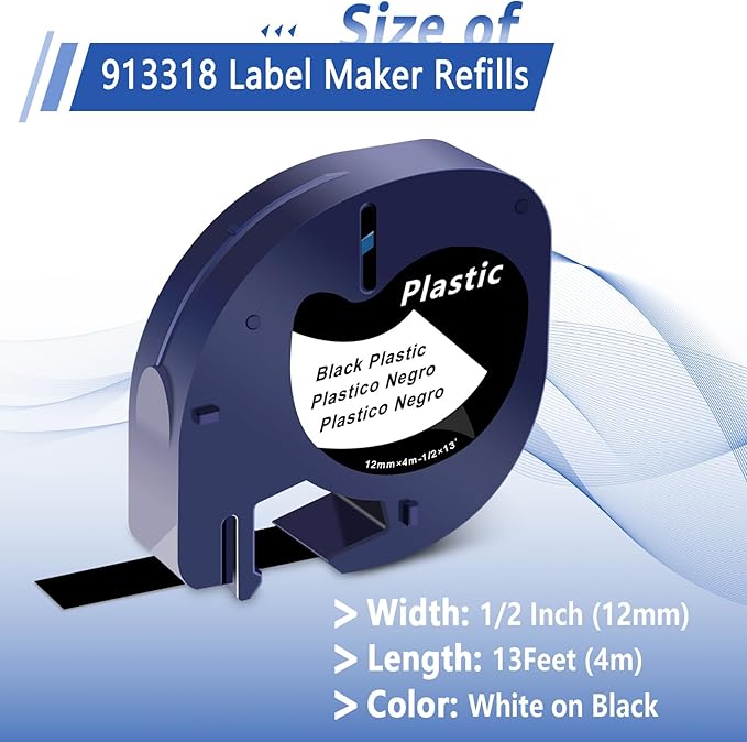 3 Pack Letratag Tape Compatible for Dymo Label Maker Refills 913318 White on Black Plastic Label Maker Tape 12mm x 4m (1/2" x 13') for Dymo LetraTag Refills 200B LT100H LT100T LT110T