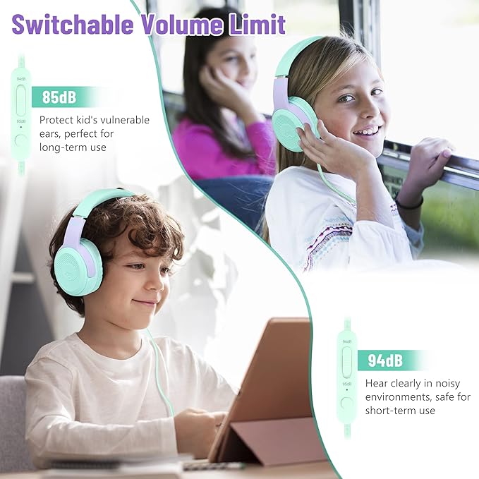 rockpapa Share 1 Kids Headphones Wired with Microphone & Share Port, 85dB/94dB Volume Limited, Cute Foldable Student Child Boys Girls Headphones for School/Classroom/Travel Green/Purple