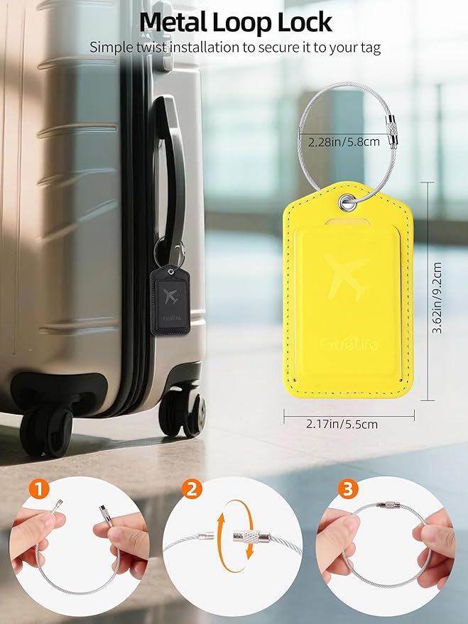 Luggage Tags, Works with Apple Find My, Leather Luggage Tag for Suitcases, Travel Tags, Bag Tag, Suitcase Tag with Privacy Flap, Anti-Lost Smart Luggage Tracker, Travel Essentials, Yellow