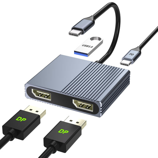 Display Port Splitter for Dual Monitors, 4K@60Hz USB C to Dual DisplayPort Adapter for Dell/HP/Mac Laptops, Type C to Display Port Multiport with USB3.0/PD, Dual Monitor Adapter, Displayport MST Hub
