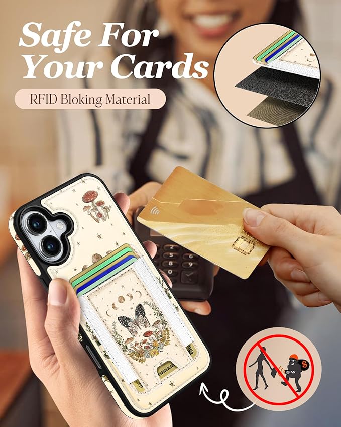 Shorogyt for iPhone 16 Wallet Case - Fits 5 Cards, Compatible with Magsafe Detachable Magnetic Credit Card Holder Leather Cardholder Cute Phone Cover Women Girls for Apple 16, Moon Butterfly