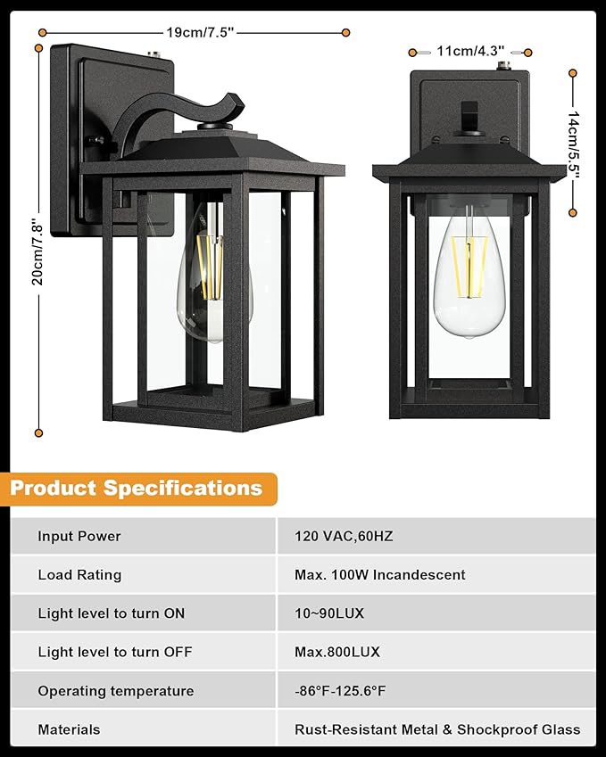 2-Pack Dusk to Dawn Outdoor Light Fixtures, Modern Black Sensor Porch Light Fixtures, Waterproof Exterior Lighting for House, Yard, Entryway, Garage, 120V