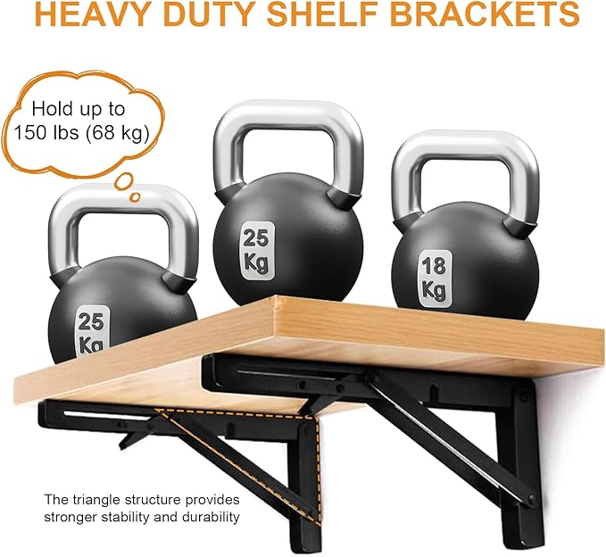Storystore Folding Shelf Brackets - 8 Inch Heavy Duty Metal Collapsible Shelf Bracket for Bench Table, Shelf Hinge Wall Mounted Space Saving DIY Bracket, Max Load: 150 lb (2 PCS, Black)