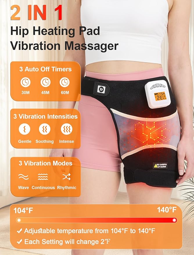 CAMECO 2-in-1 Cordless Hip Heating Pad with Massage for Sciatica Pain Relief, 5000mAh Battery & 104℉-140℉ Heated Hip Brace for Women Men Arthritis, Rechargeable Hip Massager Heat Pad for Home Office