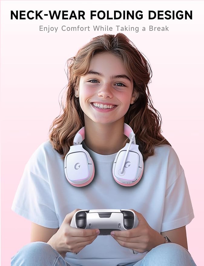 2.4GHz Wireless Gaming Headsets for PS5, PS4, PC, Switch - Bluetooth 5.3 Gaming Headphones with Noise Canceling Mic, 7.1 Surround Sound, 70H Battery, RGB Lighting - Pink