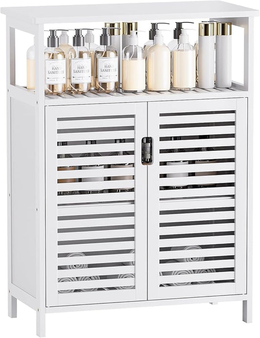 HITNET White Bathroom Cabinet, Bamboo Storage Cabinet Freestanding, Side Tall Storage Organizer for Kitchen Living Room Entryway