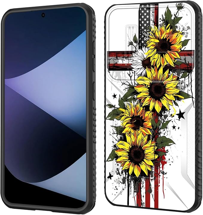 for Galaxy S24 Plus Case Built in Slide Camera Lens Cover,Heavy Duty Shockproof Protection Dual Layer Case for Samsung Galaxy S24 Plus (6.7") 2024,Cross American Flag Sunflower