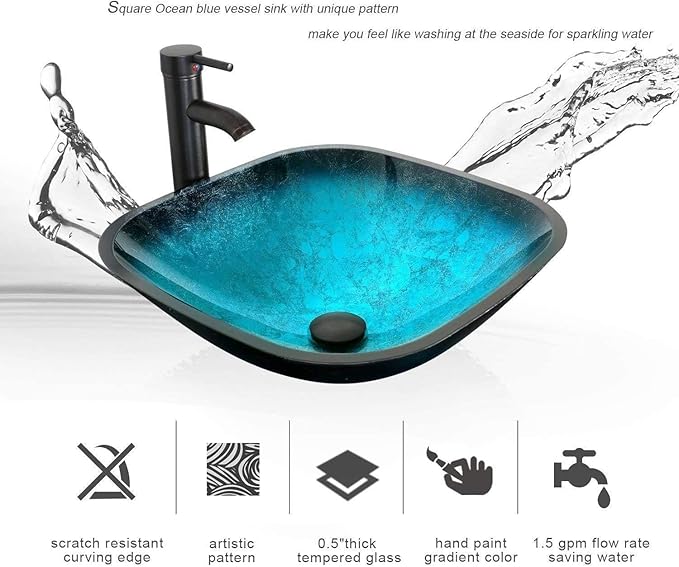 eclife 36" Modern Bathroom Vanity Sink Combo Freestanding Cabinet with Small Side Cabinet, Turquoise Square Glass Vessel Sink, Water Save Faucet, Drain (Gray+A10)