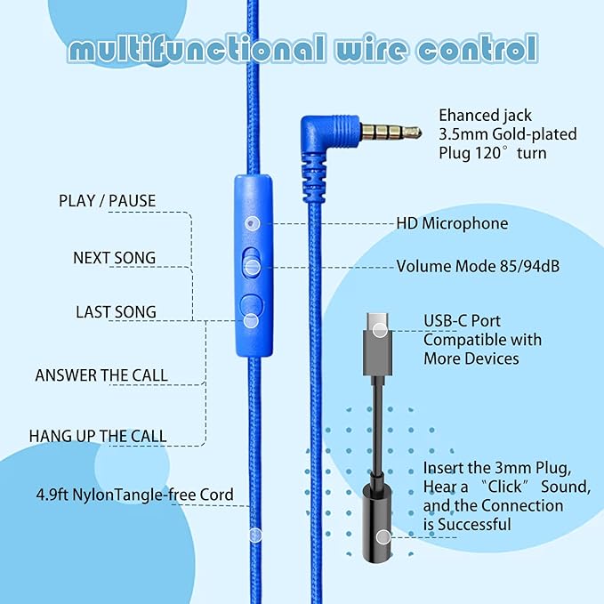 Children's Headphones with Microphone, Foldable 3.5mm Jack, USB-C Jack, Adjustable 85db/94db Volume, Suitable for Mobile Phones,Computers,Tablets,School,Airplanes,Travel (Blue and Red)