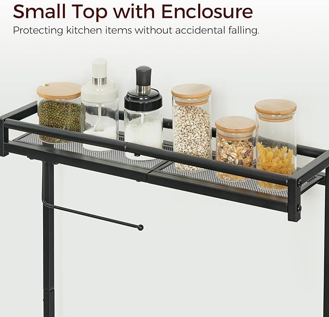 Bakers Rack with Storage, Microwave Stand with Paper Holder, Bakers Rack with Power Outlet, Coffee Bar Station with 6 Hooks, for Kitchen, Dining Room, Rustic Brown and Black BRHR36E01