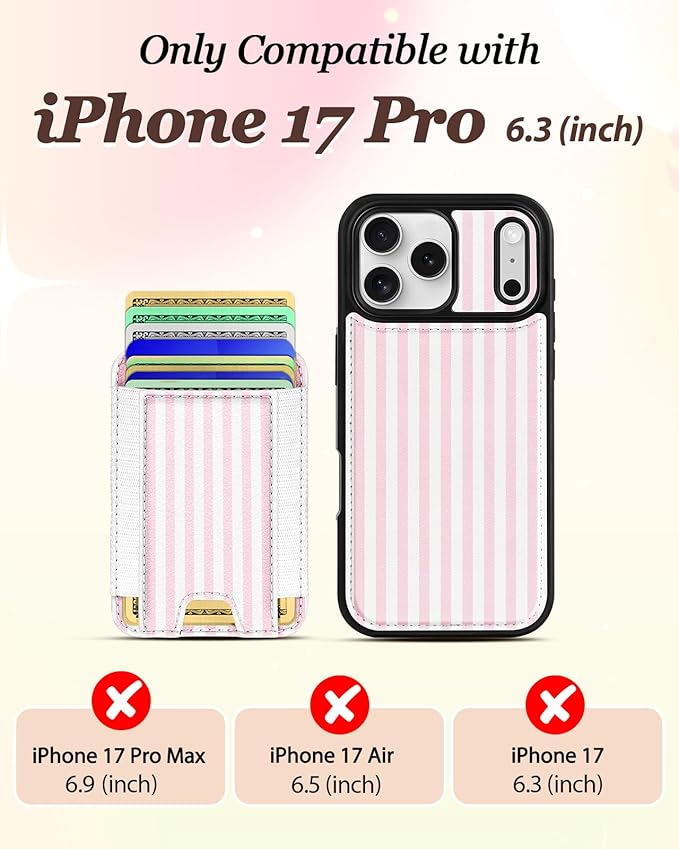 Shorogyt for iPhone 17 Pro Case Wallet - Fits 5 Cards, Compatible with Magsafe Detachable Magnetic Credit Card Holder Leather Cardholder Cute Phone Cover Women Girls for Apple 17Pro, Striped