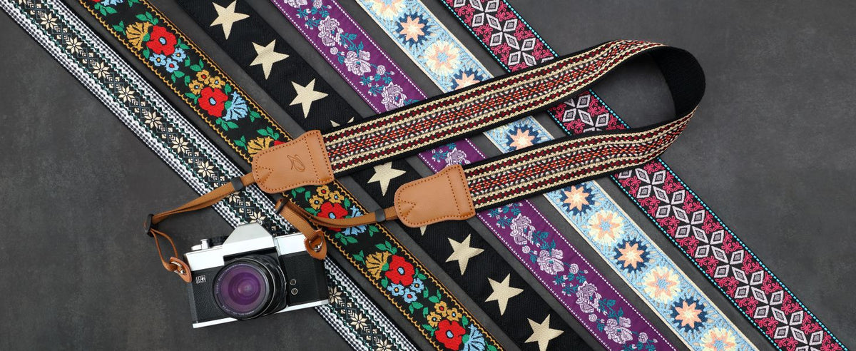 Padwa Lifestyle Pentagram Embroidered Camera Strap - Double Layer Cowhide Ends,2" Cotton Woven Camera Straps, Adjustable Vintage Neck & Shoulder Strap for All DSLR Cameras,Great Gift for Photographers
