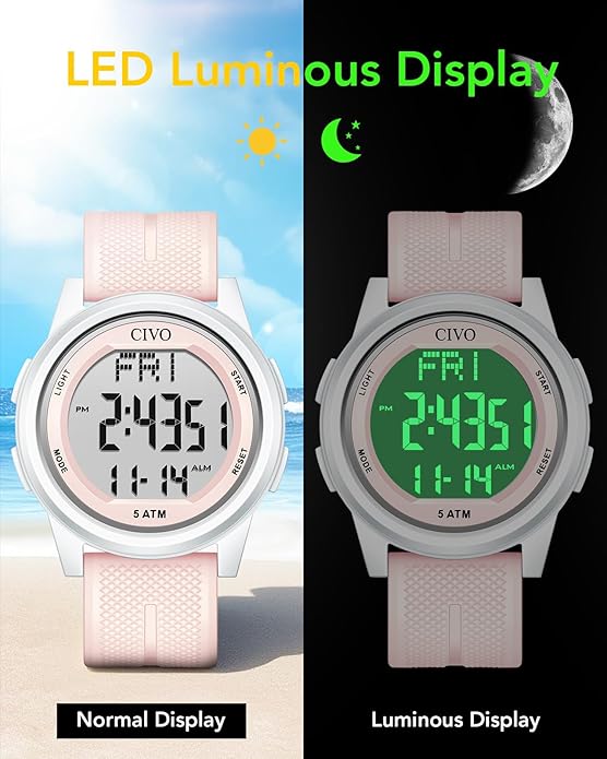 CIVO Digital Watches for Men Women: Sports Waterproof Wristwatch with Stopwatch Alarm Date - LED Backlight Big Numbers Silicone Watch for Outdoor Camping Running Cycling