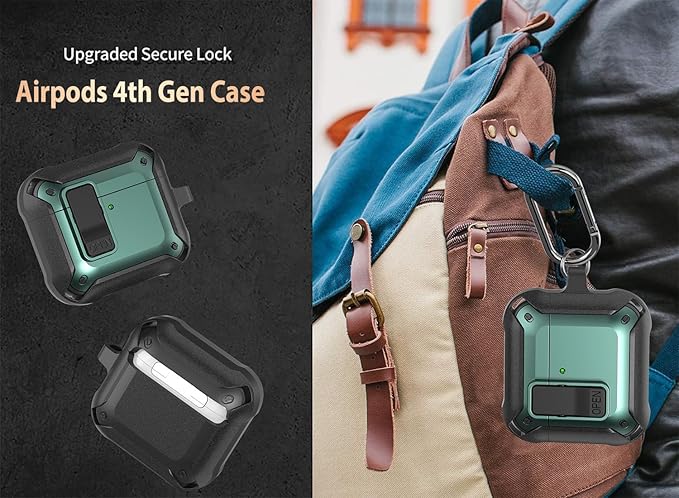 for Airpods 4 Case with Lock Clid, Rugged Apple Airpods 4th Generation Cover 2024 Men Women, Armor Shockproof iPod 4 Gen Protective Hard Shell with Carabiner&Cleaner kit,Black/Green