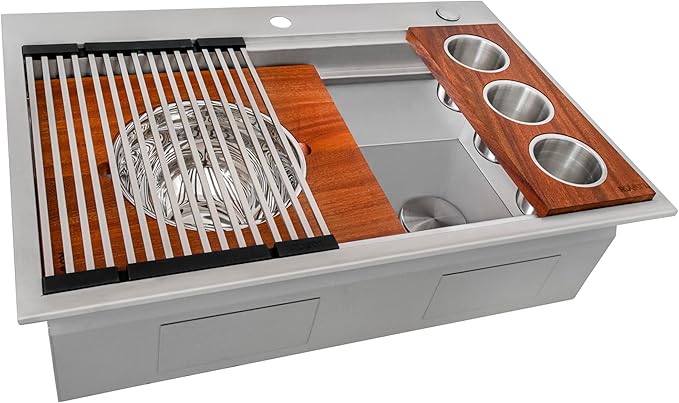 Ruvati 33-inch Two-Tiered Ledge Workstation Kitchen Sink - Drop-in Topmount Kitchen Sink - 16 Gauge Stainless Steel Kitchen Sink with Brushed Finish hides scratches - RVH8424