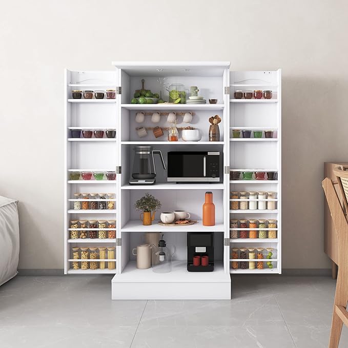 47” Pantry Cabinet, Kitchen Pantry Storage Cabinet with Doors and Adjustable Shelves,Freestanding Buffet Cupboards Sideboard for Living Room and Dinning Room (White)