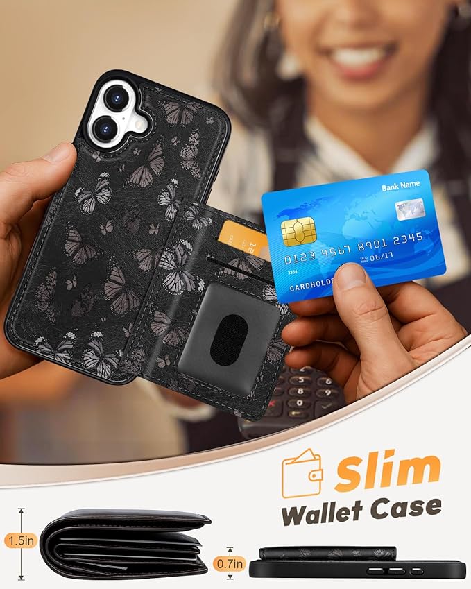 for iPhone 16 Wallet Case - Fits 4 Card Slots, Compatible with MagSafe for Women Aesthetic Durable PU Leather Credit Card Holder Kickstand Phone Cover for Apple 16, Black Butterfly