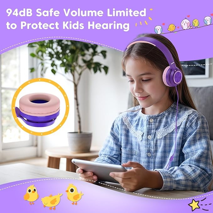 Kids Headphones for School Travel, Upgrade USB Type C Safe Volume 94dB, with Mic HD Stereo Sound Foldable On-Ear Headphones for Boys/Girls/Students/Tablet/Travel Purple