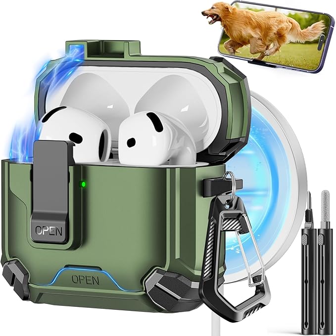 Compatible with AirPods 4 Case,Magnetic Automatic Lock with Phone Stand & Cleaning Kit,Compatible with Magsafe Cover -Army Green