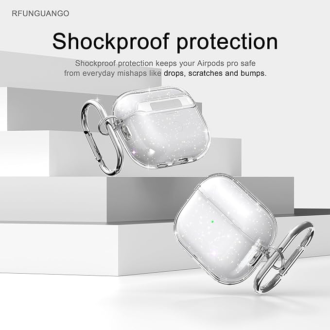 RFUNGUANGO AirPods Pro Case Clear, Soft TPU Transparent with Cleaning Kit & Keychain, Compatible with Magsafe, Compatible Apple AirPods Pro 2nd/1st Generation Protective Case, Glitter White