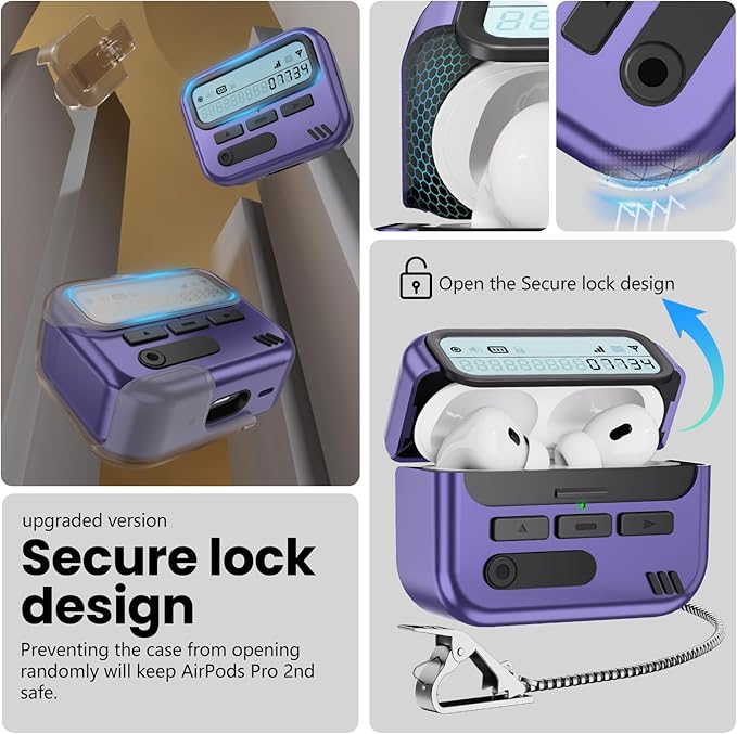 (with Safety Lock Pager Cases Compatible with AirPods Pro 2nd Generation Case Cover with Cleaner Kit,Hard TPU Full Protection for AirPods Pro 2 Charging Case(USB-C)(2023/2022/2019) for Men-Puple