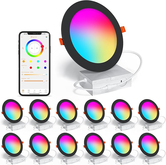 Black Smart Recessed Lighting 6 Inch RGBCW Color Changing 16W LED Downlight with Junction Box,1350 Lumen Recessed Ceiling Light Compatible with Alexa,Dimmable by Bluetooth Control -12Pack