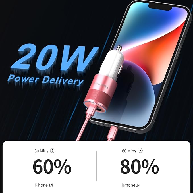 35W USB C Fast Car Charger [Apple MFi Certified] Compatible with iPhone 14 Pro/14 Pro Max/14+/13/12/11/Mini/XS/XR/8, 20W PD3.0 Rapid Charging Adapter + 3Ft Type C to Lightning Cable - Pink