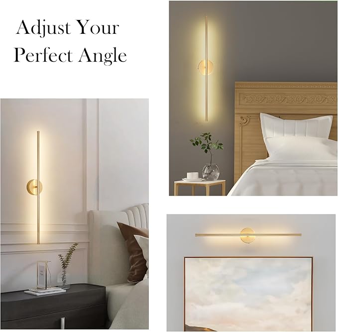 Battery Operated Wall Sconces with Remote Control, Dimmable Wall Sconces Set of Two, 350°Rotate, 3000K LED Gold Wireless Wall Light for Living Room, Bedroom, Hallway, 40.1 Inch (2 Pack)