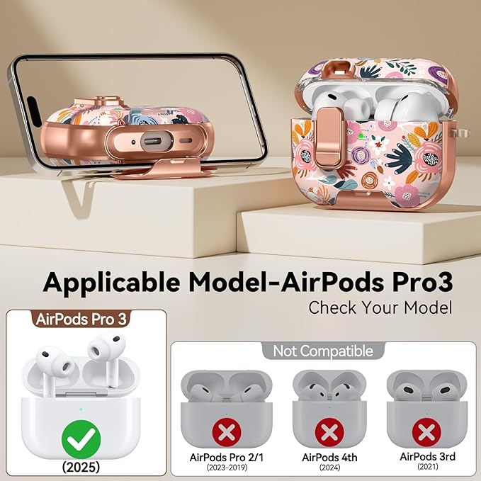 for AirPod Pro 3 Case 2025, with Safty Lock & Phone Stand for Pink AirPod Pro 3 Generation Case Cover for Women Girly, iPod Pro 3 Cases with Keychain & Cleaner Kit - Pink Berry Flower