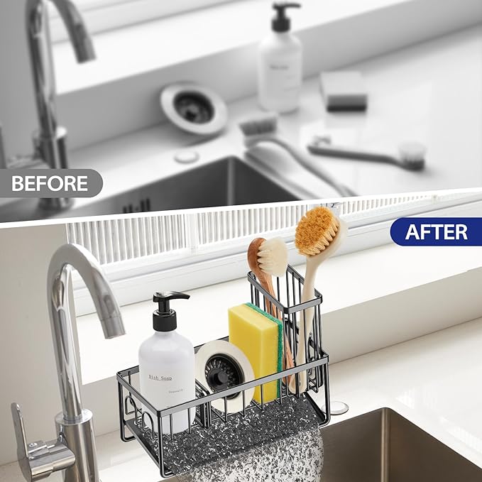 Sinnsally Kitchen Sponge Holder,Sink Caddy Organizer with Brush Holder,Stainless Steel Sink Box Dish Scrubber Holder with Self Drain Tray,Soap Dispenser Storage Accessories for Kitchen Counter(Black)