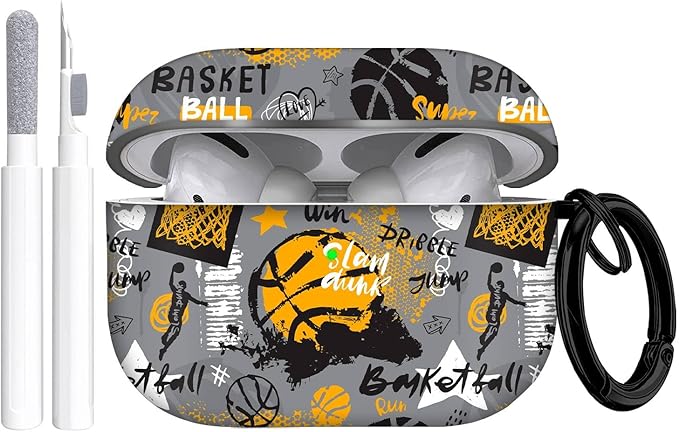 for Airpods Pro Case, Cute Cool Basketball Pattern TPU Soft Cases for Airpods Pro Case 1st Gen, Shockproof for Airpods Pro 2019 Case Men Women with Cleaner Kit & Keychain, Orange