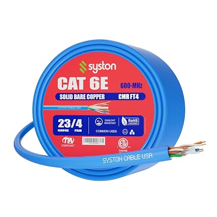Syston Cat 6E Ethernet Cable Bulk Blue 100 FT, 23 AWG Solid Copper UTP, CMR