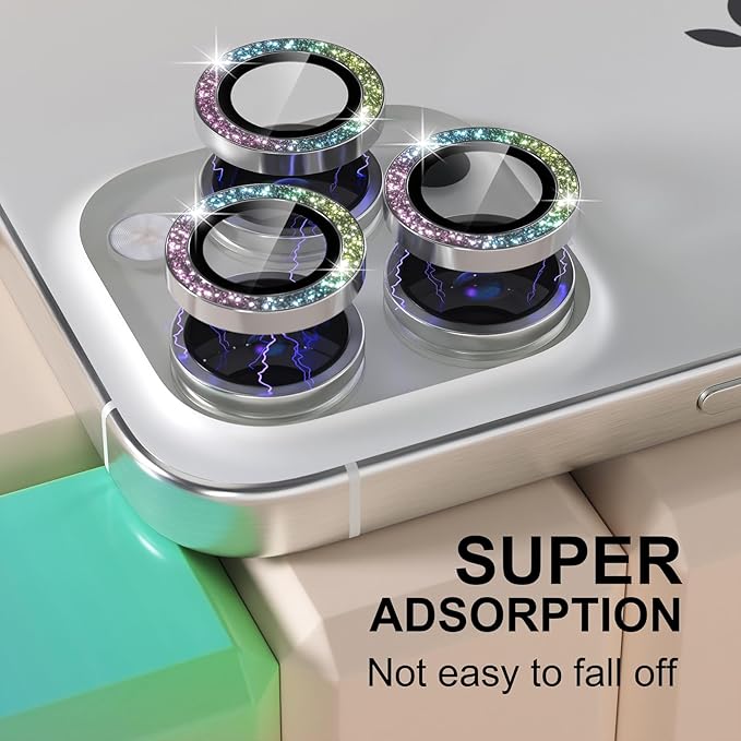 Misea Compatible for iPhone 16 Pro/iPhone 16 Pro Max Camera Lens Protector Bling, 9H Tempered Glass Camera Cover Screen Protector Metal Individual Ring Protector Decoration, Colorful Glitter